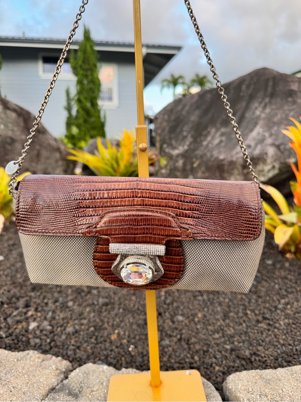 Tod's Italy Leather & Fabric Crystal Clasp Evening Shoulder Bag Clutch with COA - Picture 3 of 15